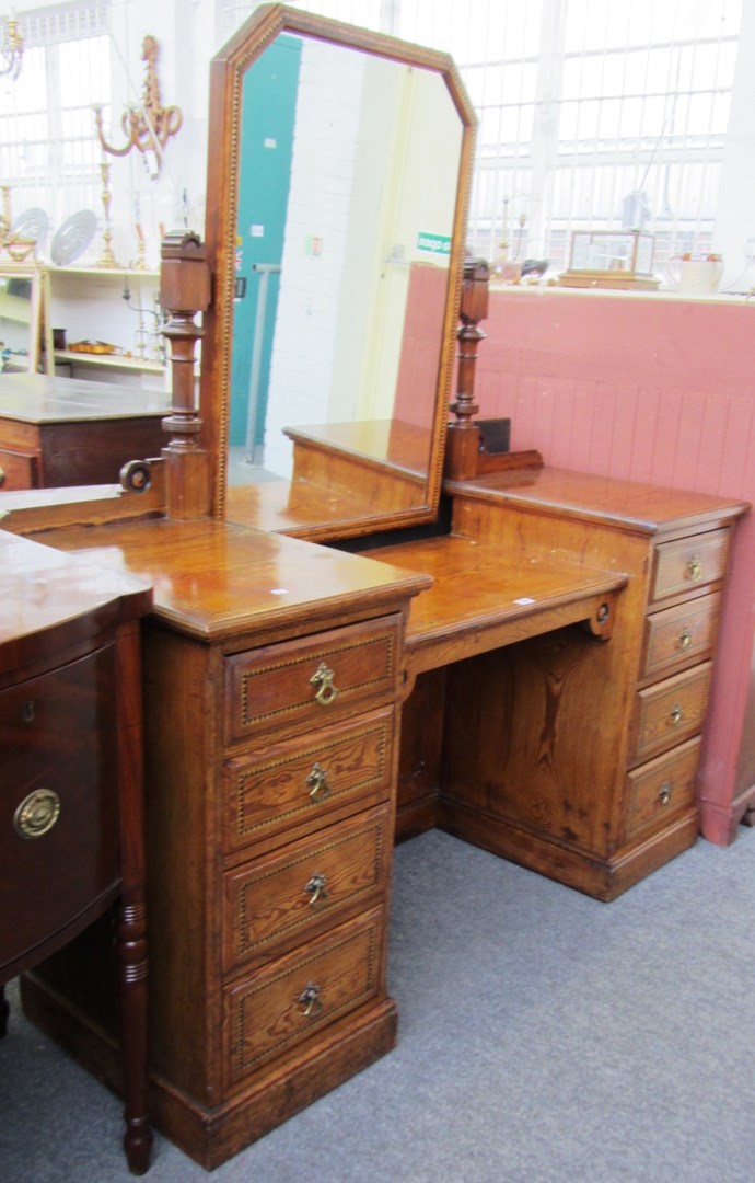 Appraisal: A th century pitch pine Gothic Revival pedestal dressing table