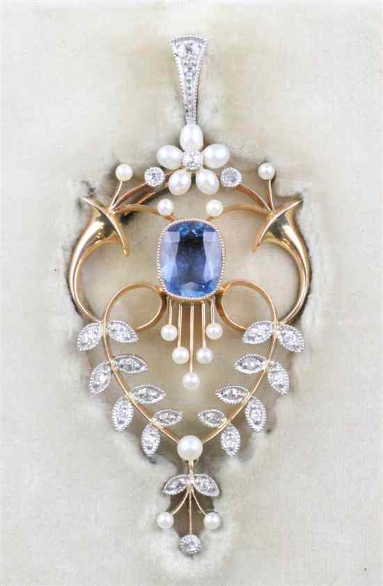 Appraisal: An Edwardian gold aquamarine seed pearl and diamond set pendant