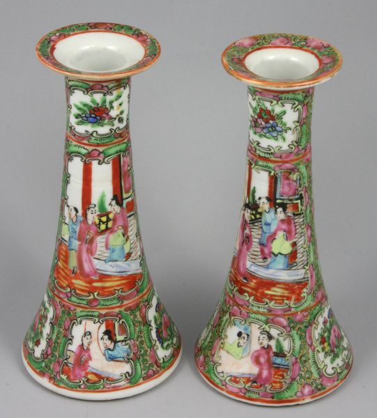 Appraisal: Pair of Chinese Rose Medallion candlesticks x Good condition EST