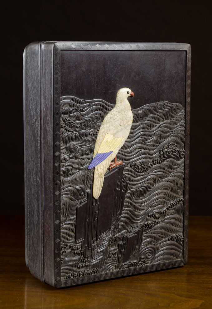 Appraisal: CHINESE CARVED ZITAN BOX WITH HARDSTONE INLAY a rectangular covered