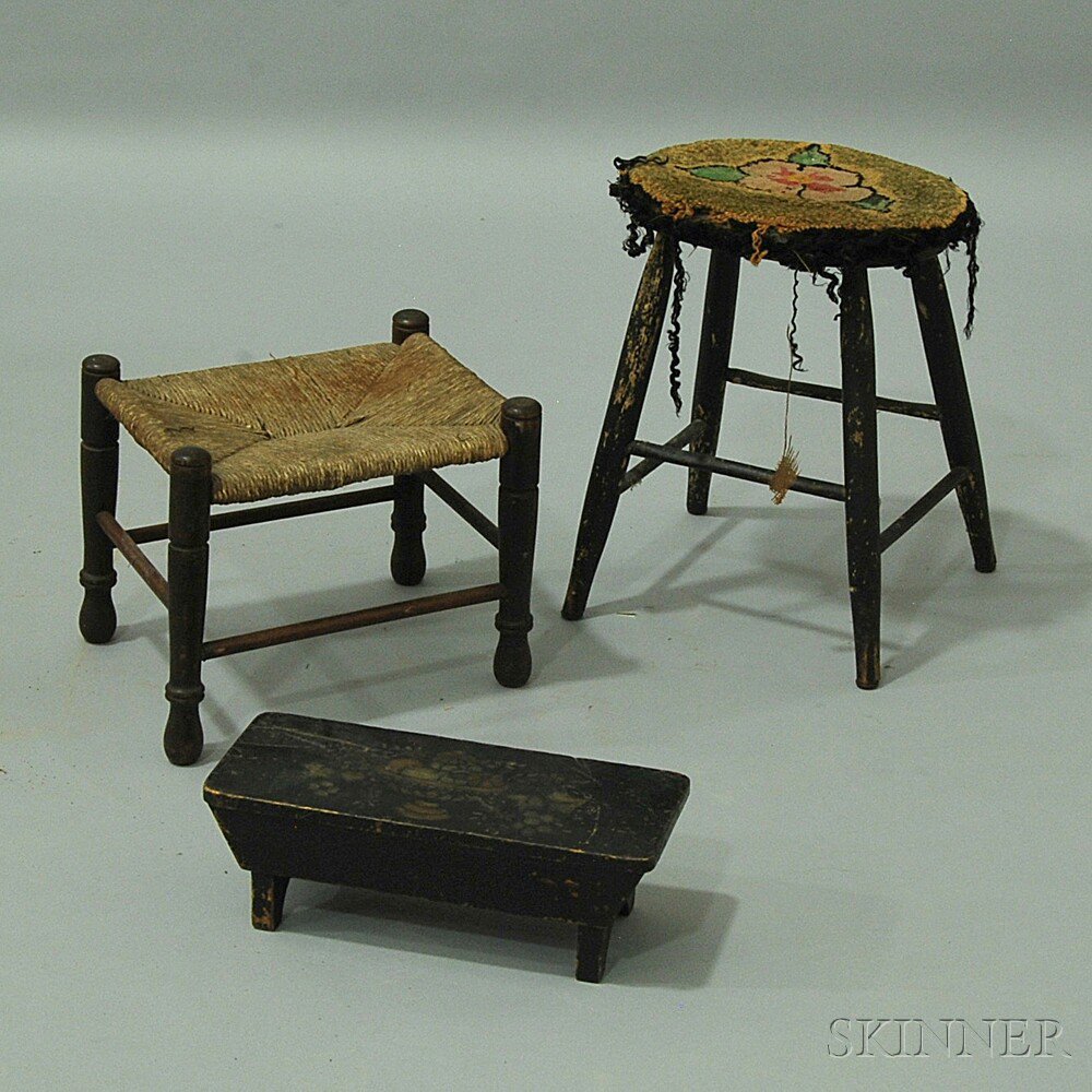 Appraisal: Three Stools th century one upholstered with a hooked mat