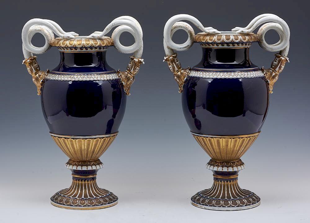 Appraisal: th c Pair of Meissen urns with snake handles th