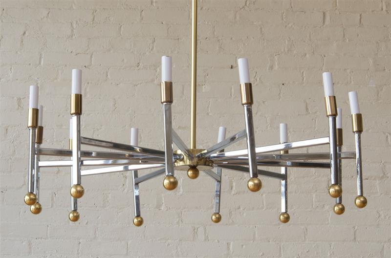 Appraisal: MODERN BRASS AND CHROMED STEEL TWELVE-LIGHT CHANDELIER x in Property