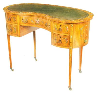 Appraisal: A late Victorian satinwood and painted kidney shape writing desk