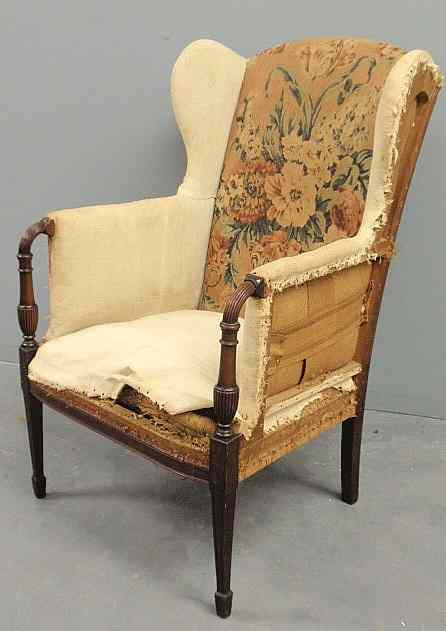 Appraisal: Sheraton style mahogany wing chair As found h x w