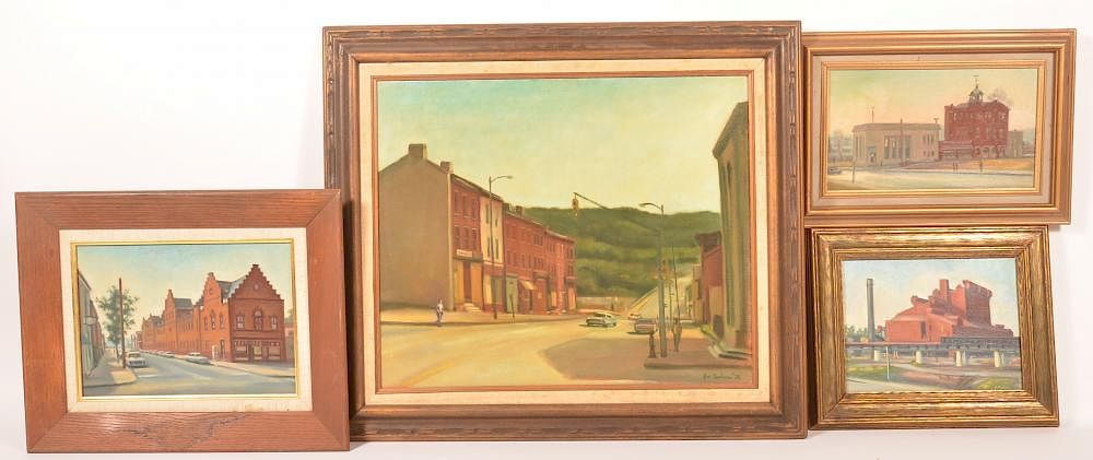 Appraisal: Four J Cashore Oil Paintings of Buildings Four Oil Paintings