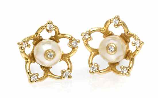 Appraisal: A Karat Yellow Gold Pair Cultured Pearl and Diamond Earrings