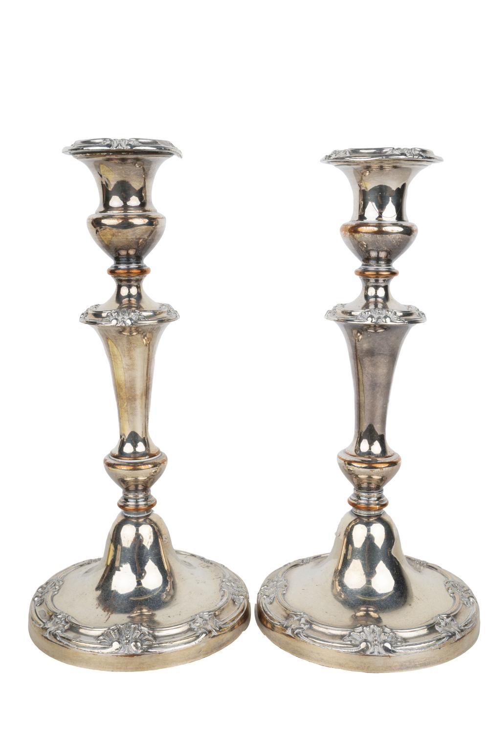 Appraisal: PAIR OF SHEFFIELD SILVER-PLATE CANDLESTICKSProvenance The Estate of Judith Sterling