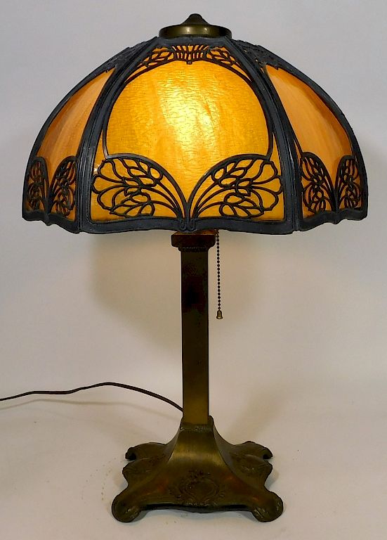 Appraisal: American Spelter Yellow Slag Glass Lamp American Spelter Yellow Slag