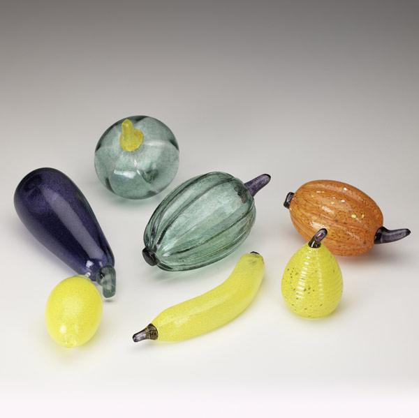 Appraisal: GUNNELL SAHLIN Seven glass fruits or vegetables including eggplant banana