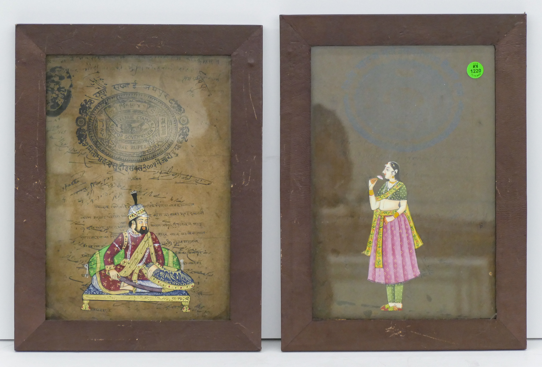 Appraisal: Pair Antique Indian Paintings on Manuscript Pages Framed ''x ''