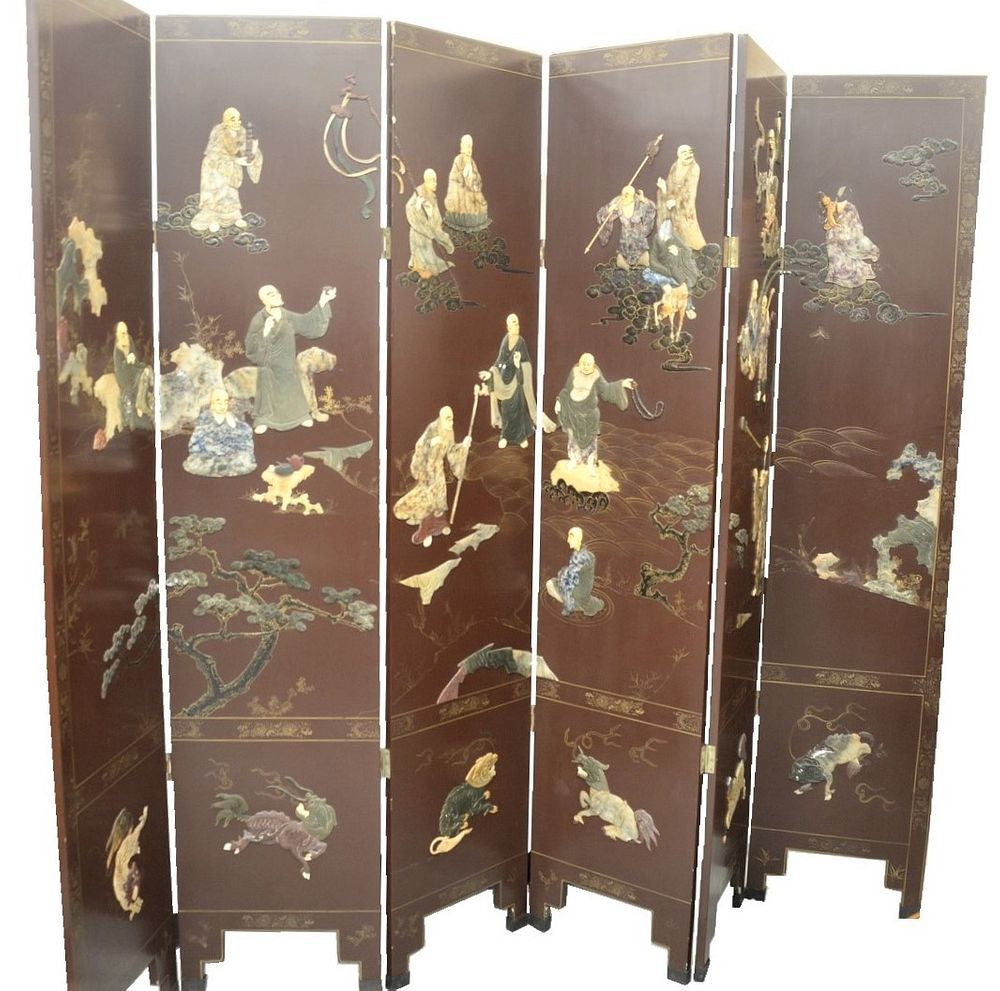 Appraisal: Six Fold Chinese Screen having stone and bone raised immortals