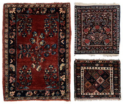 Appraisal: Three hand-woven mats one Sarouk corner work with flowering tre