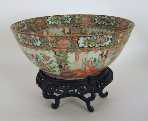 Appraisal: Chinese export rose medallion punchbowl th c with carved stand