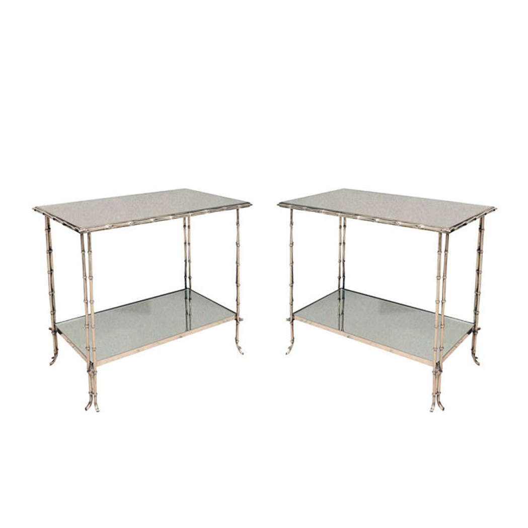 Appraisal: Pair of Bagues Style Faux Bamboo Chrome and Mirrored Two-Tier