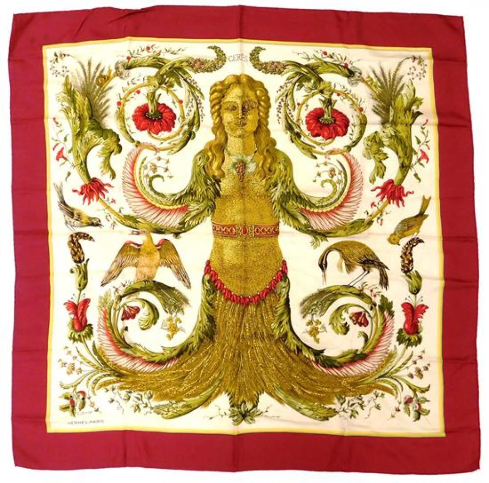 Appraisal: Herm s silk scarf with Ceres design by Francoise Faconnet