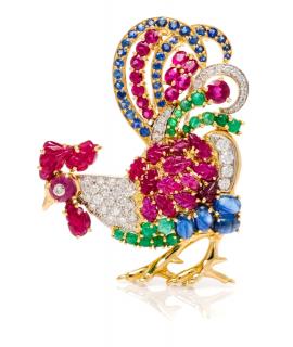 Appraisal: An Karat Yellow Gold Diamond and Multigem Rooster Brooch Seaman