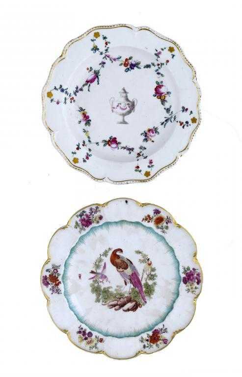 Appraisal: TWO CHELSEA PLATES one enamelled with exotic birds in turquoise