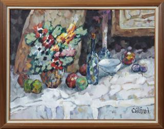 Appraisal: C Alfred Still Life of Fruit and Bottles on a