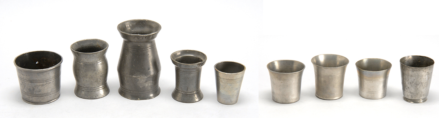 Appraisal: NINE PEWTER ITEMS th CenturyFive Irish handleless spirit measures a