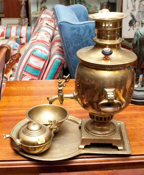 Appraisal: Brass samovar with undertray and matching brass teapot and waste