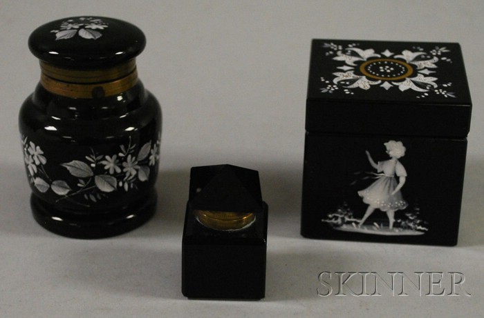 Appraisal: Two Victorian Enamel-decorated Black Glass Inkwells and a Small Black