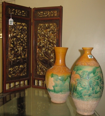 Appraisal: THREE CHINESE PIECES a scroll carved two panel table screen