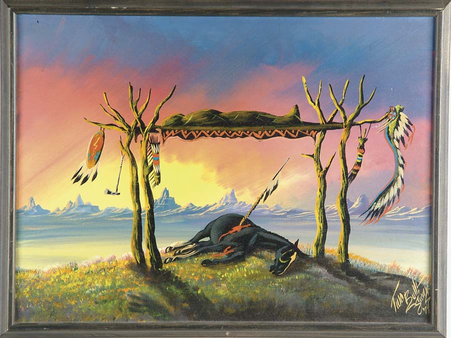 Appraisal: INDIAN BURIAL SCENE x - oil on board with Indian