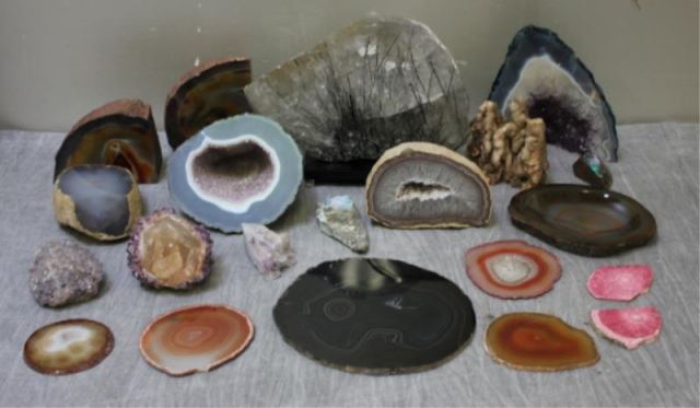 Appraisal: Geode and Hardstone Lot Includes crystal with glass needles discs