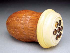 Appraisal: GOURD AND IVORY CRICKET CAGE Very unusual Chinese cricket cage