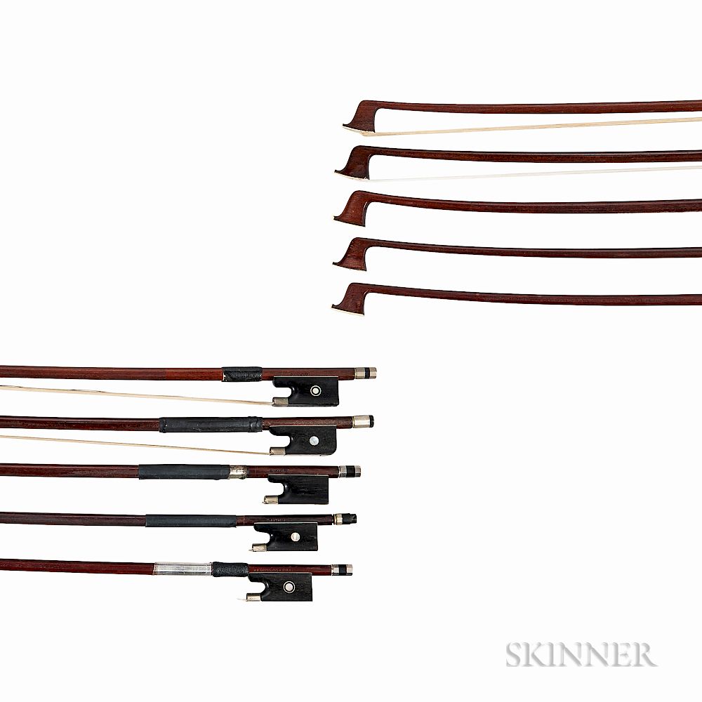 Appraisal: Five Nickel-mounted Violin Bows Five Nickel-mounted Violin Bows four stamped