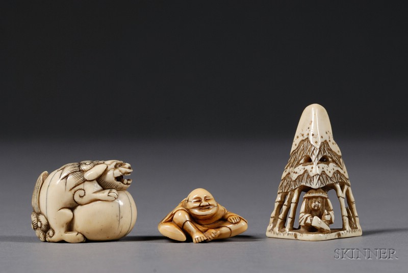 Appraisal: Three Netsuke th th century a shishi a man cutting