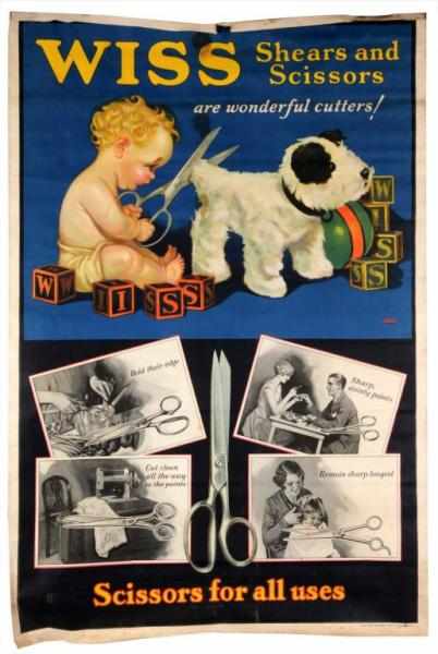 Appraisal: Linen Wiss Scissors Advertising Banner Description By Joseph Farrelly Great