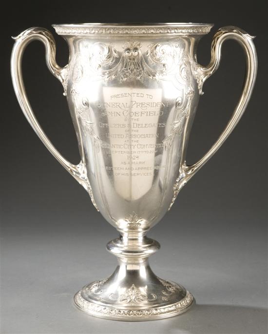 Appraisal: Gorham sterling handle trophy cup Dated Having a central cartouche