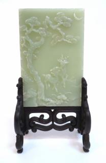 Appraisal: White Jade Miniature Table Screen The green tinged jade carved