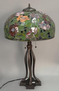 Appraisal: Reproduction leaded glass table lamp with three lights ht Reproduction