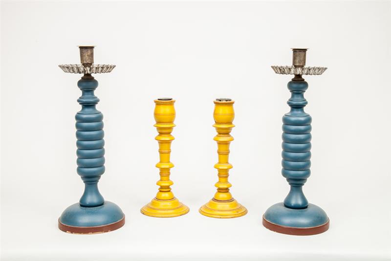 Appraisal: Two Pairs of Painted and Turned Wood Candlesticks The taller