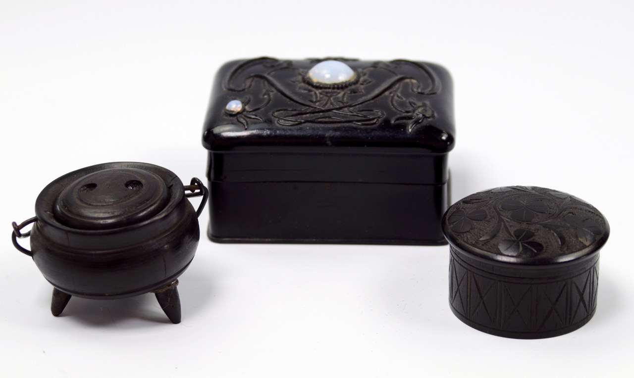 Appraisal: A small Art Nouveau black celluloid jewel casket with synthetic