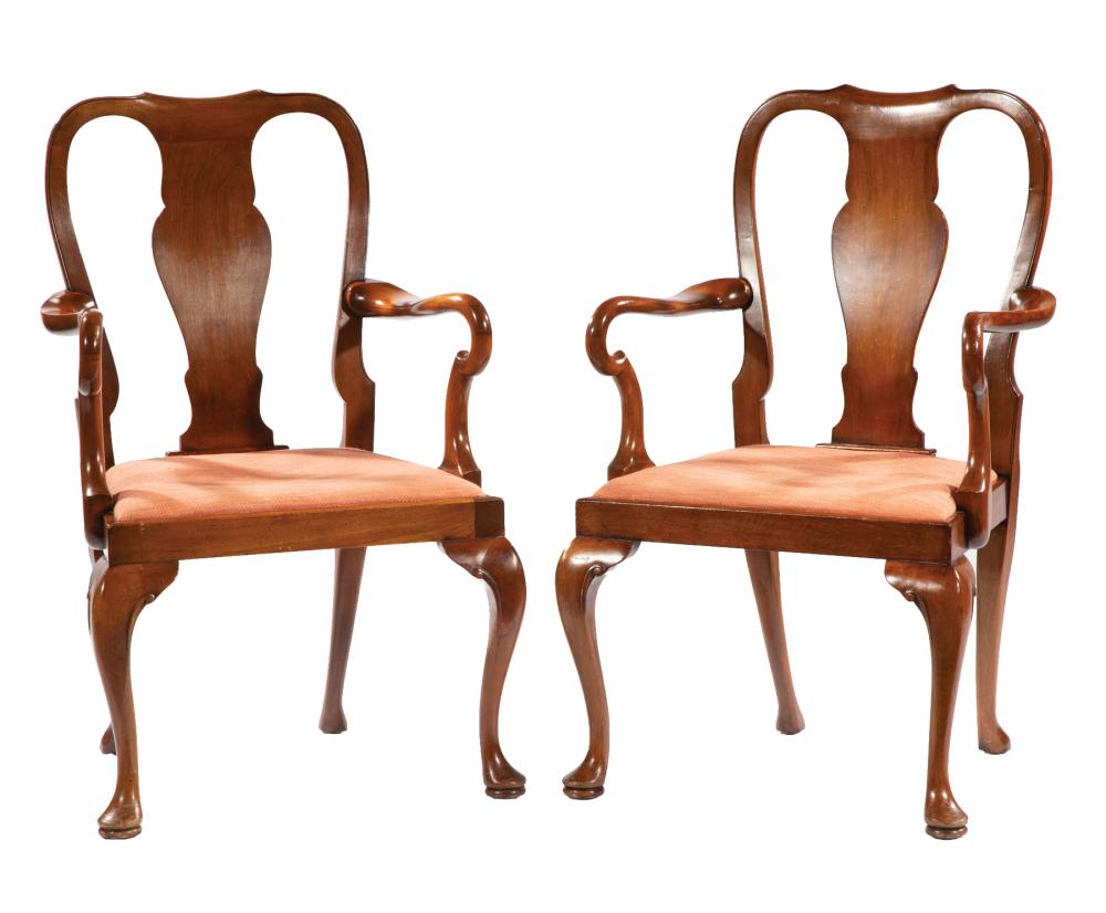 Appraisal: Pair of Queen Anne-Style Walnut Armchairs early th c shaped