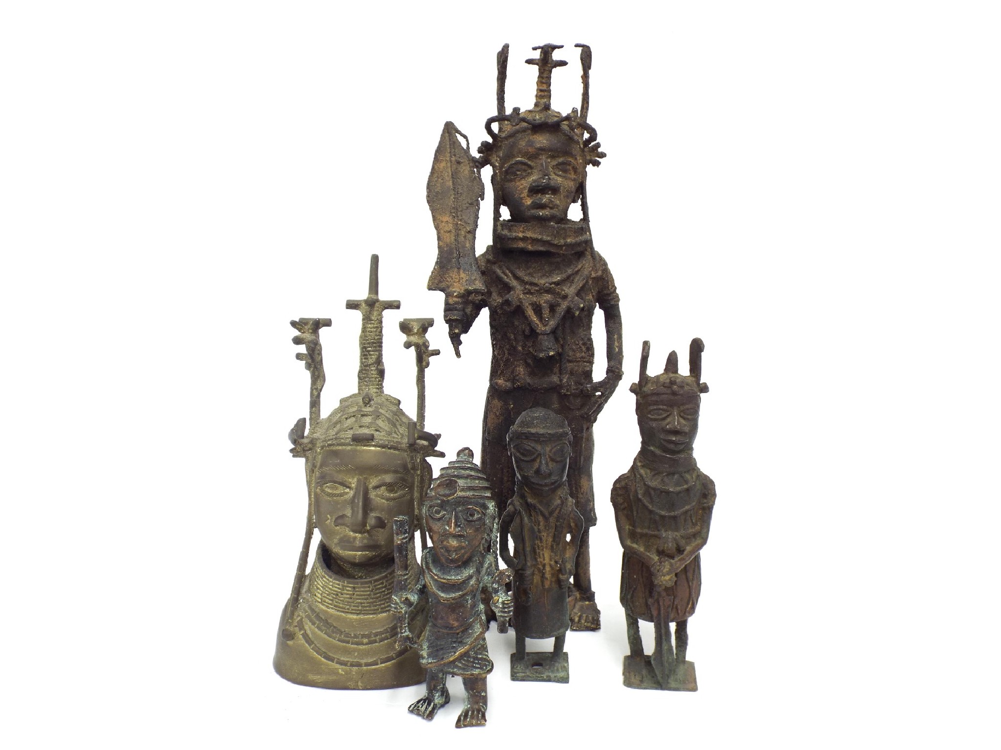 Appraisal: Three antique Benin bronzes of tribesmen the largest together with