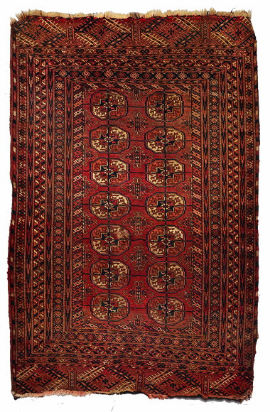 Appraisal: A TEKKE TURKOMAN WINE GROUND RUG decorated with two rows