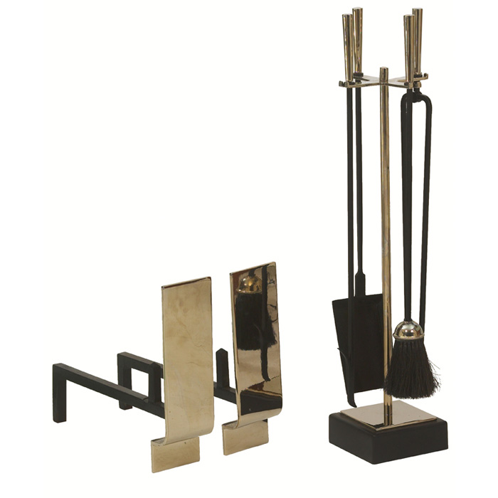 Appraisal: Midcentury fire tools and andirons nickel-plated andirons with cast-iron supports