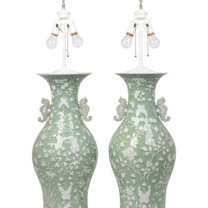 Appraisal: A Pair of Chinese Celadon and White Glazed Baluster Vases