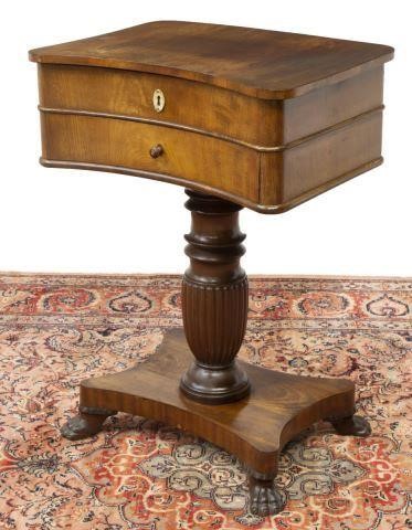 Appraisal: Empire style mahogany sewing stand th c hinged top opening