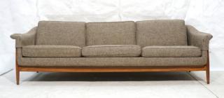 Appraisal: Mid Century Teak Sofa Couch Tweedy fabric with w Mid