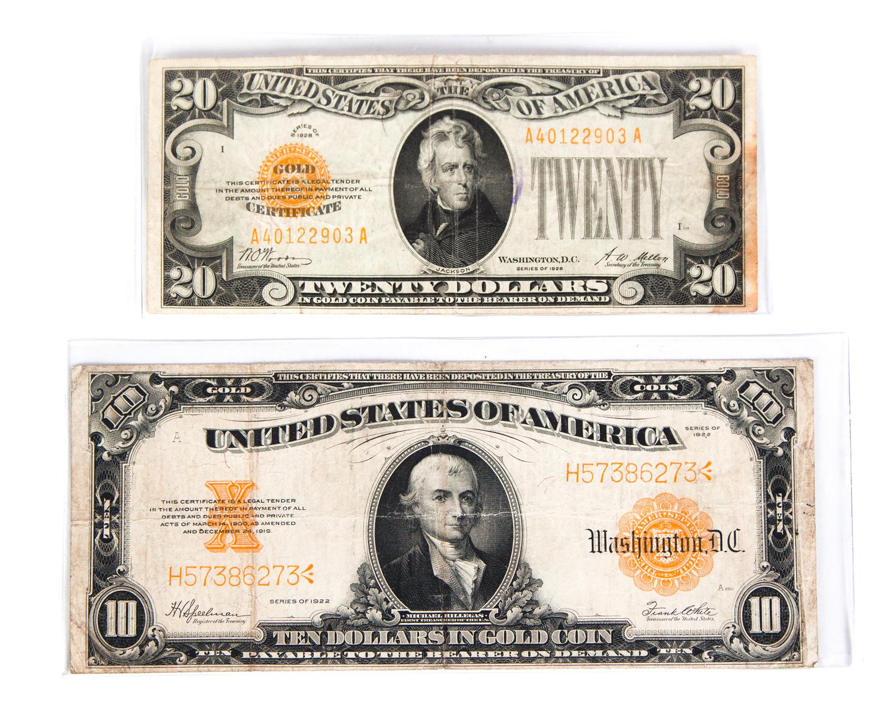 Appraisal: TWO GOLD CERTIFICATES ten-dollar and a twenty-dollar