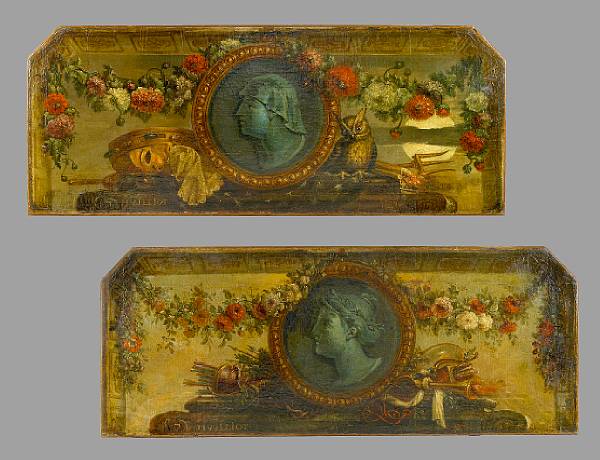 Appraisal: French School A pair of overdoor painted panels th century