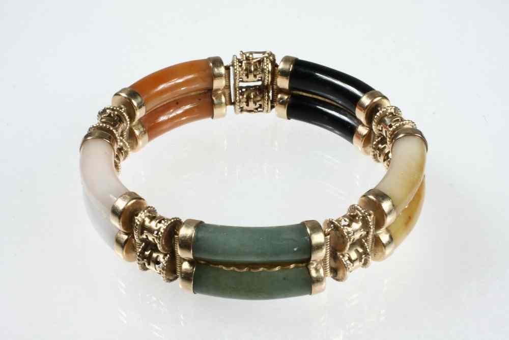 Appraisal: BRACELET - Vintage oriental jade and K yellow gold five