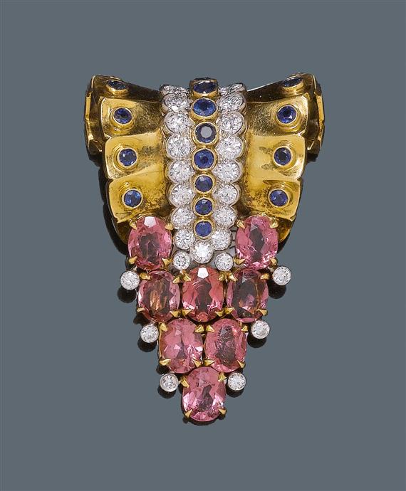 Appraisal: GOLD AND GEMSTONE CLIP BROOCH UDALL BALLOU ca Yellow gold