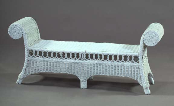 Appraisal: American Late Victorian-Style Scroll-Arm Wicker Bench each end with a